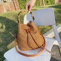 Casual handwoven bucket bag drawstring shoulder bag tote hanbag purse with bamboo handle